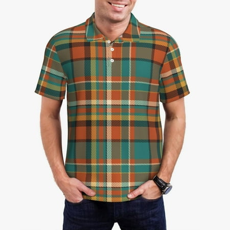 Picia colorful plaid Print Men s Polo Shirt Two-Button Closure Pique Polo Shirt Summer Fashion Golf Shirt-X-Large