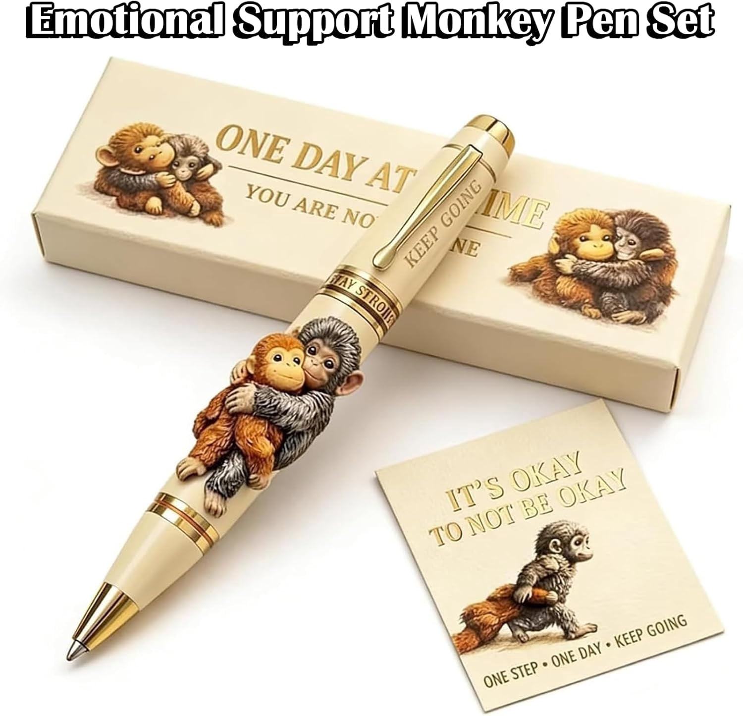 Inspirational Monkey Pen Set with Encouragement Card – Cute Metal Pen with “One Day at a Time” Message, Motivational Gift for Animal Lovers in Gift Box