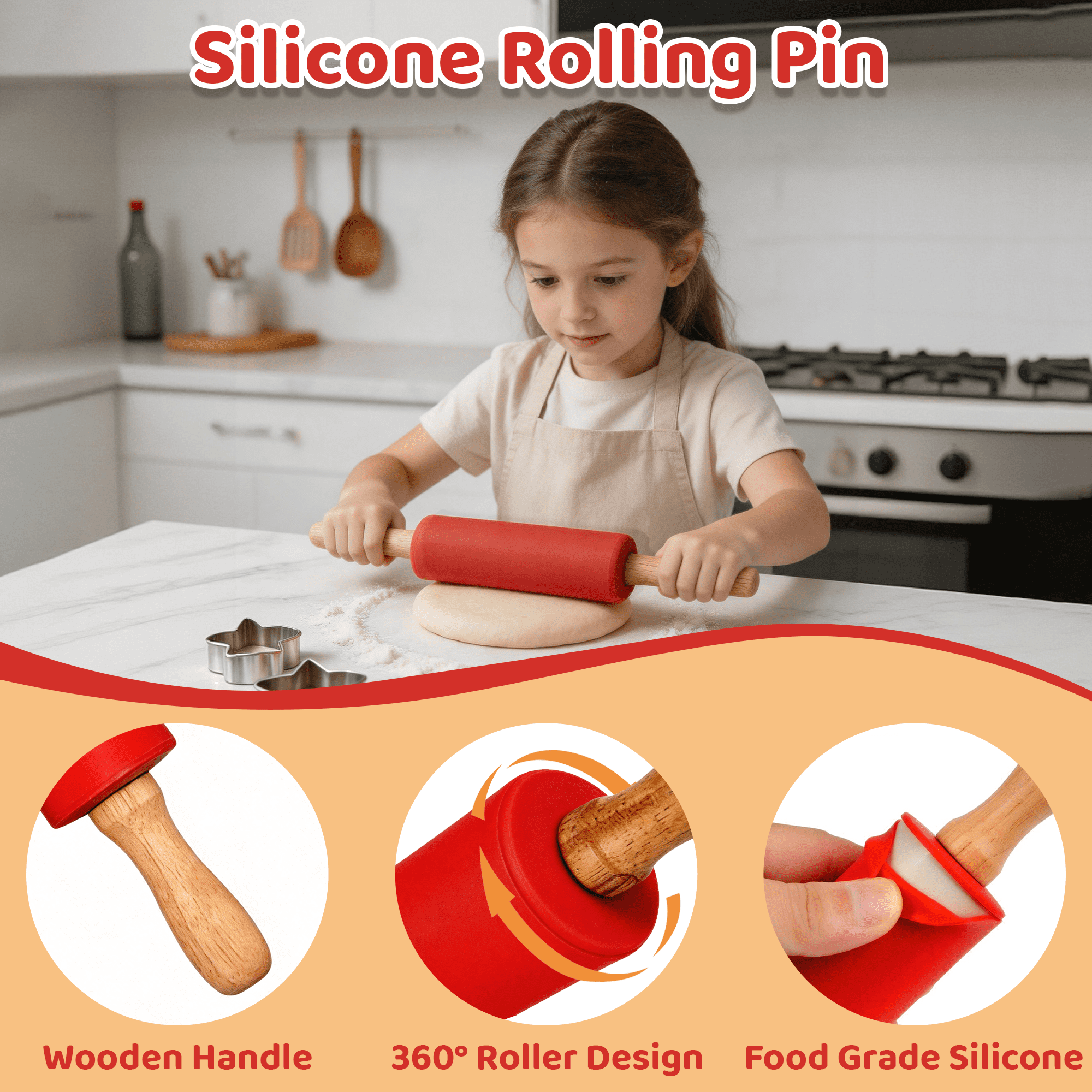 2 Pack Silicone Rolling Pin for Baking, 12/9 In Non Stick Surface Dough Roller with Wooden Handle, Rolling Pins for Baking Pizza, Pies, Pastry and Cookies,(Green/Red)