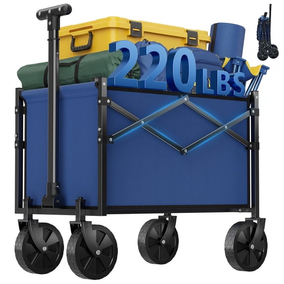 Gianna Small Folding Collapsible Wagon,220 LBS Utility Wagon Cart with Wheels, Adjustable Handle with Lightweight Design for Outdoor Beach Camping, Blue