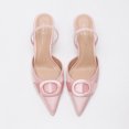 thumbnail image 3 of [On feet & in love] Women's Satin Pointed Toe Slingback Heels - Elastic Strap Stiletto Pumps with Fabric-Covered Circular Ring Detail,Pink,8.5, 3 of 7