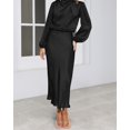 thumbnail image 4 of Women's Elegant Long Sleeve Satin Dress Mock Neck Elastic Waist Cocktail Party Wedding Guest Midi Dresses, 4 of 12