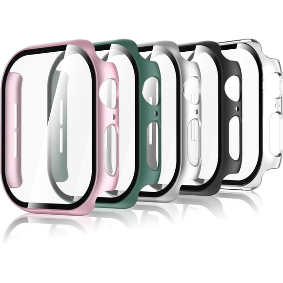 5 Piezas Funda con Protector Pantalla Compatible con Apple Watch Series 6/5/4/SE 3/SE 2/SE 40mm, PC Carcasa HD Cristal Templado Protector Ultra-Thin Anti-Rasguños, Claro,Negro,Verde, Plata,Rosa