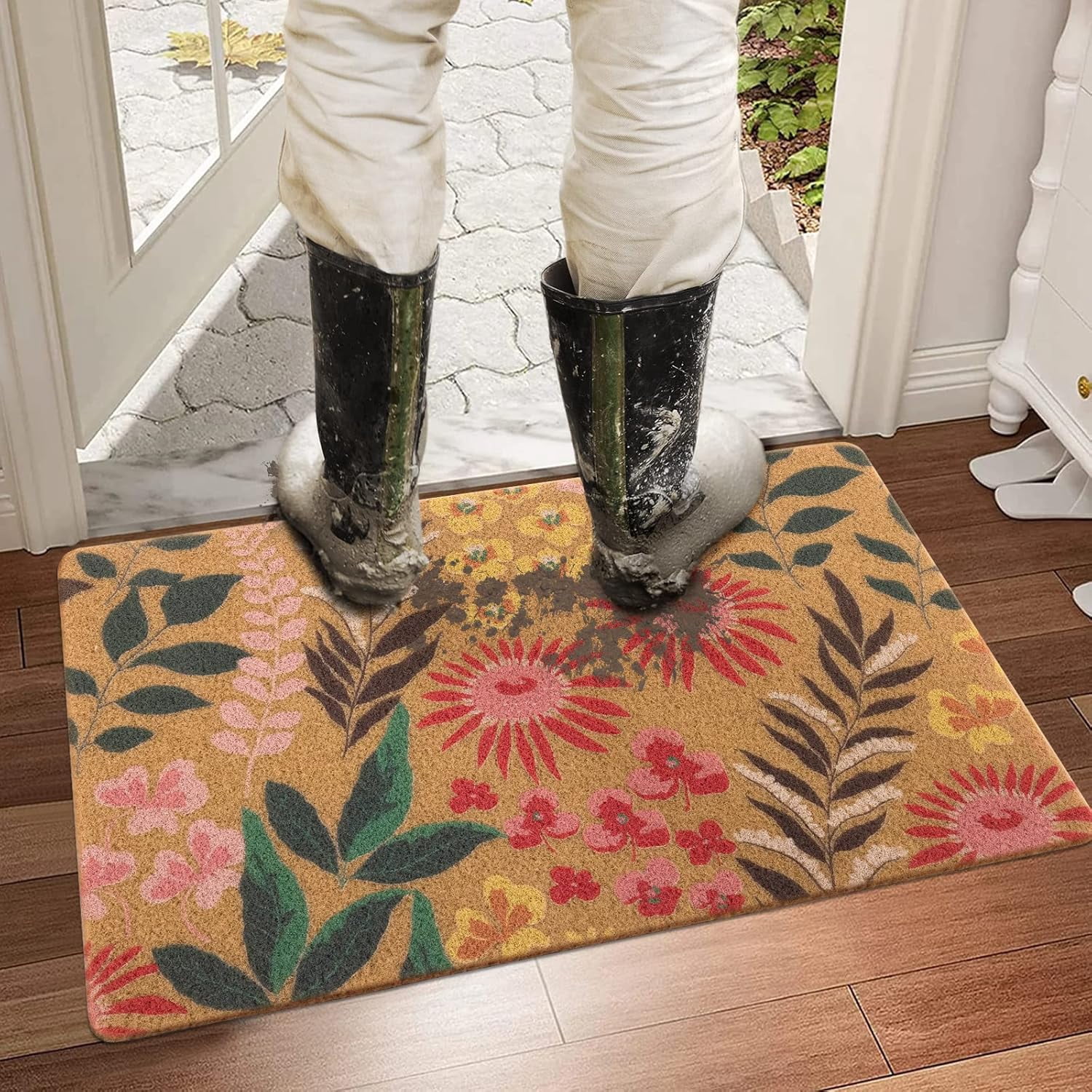 Artificial Coir Doormat with Non-Slip Backing for Indoor and Outdoor 17 x 30 inch Front Door Welcome Mat Spring Summer Seasonal Doormat, Blossom