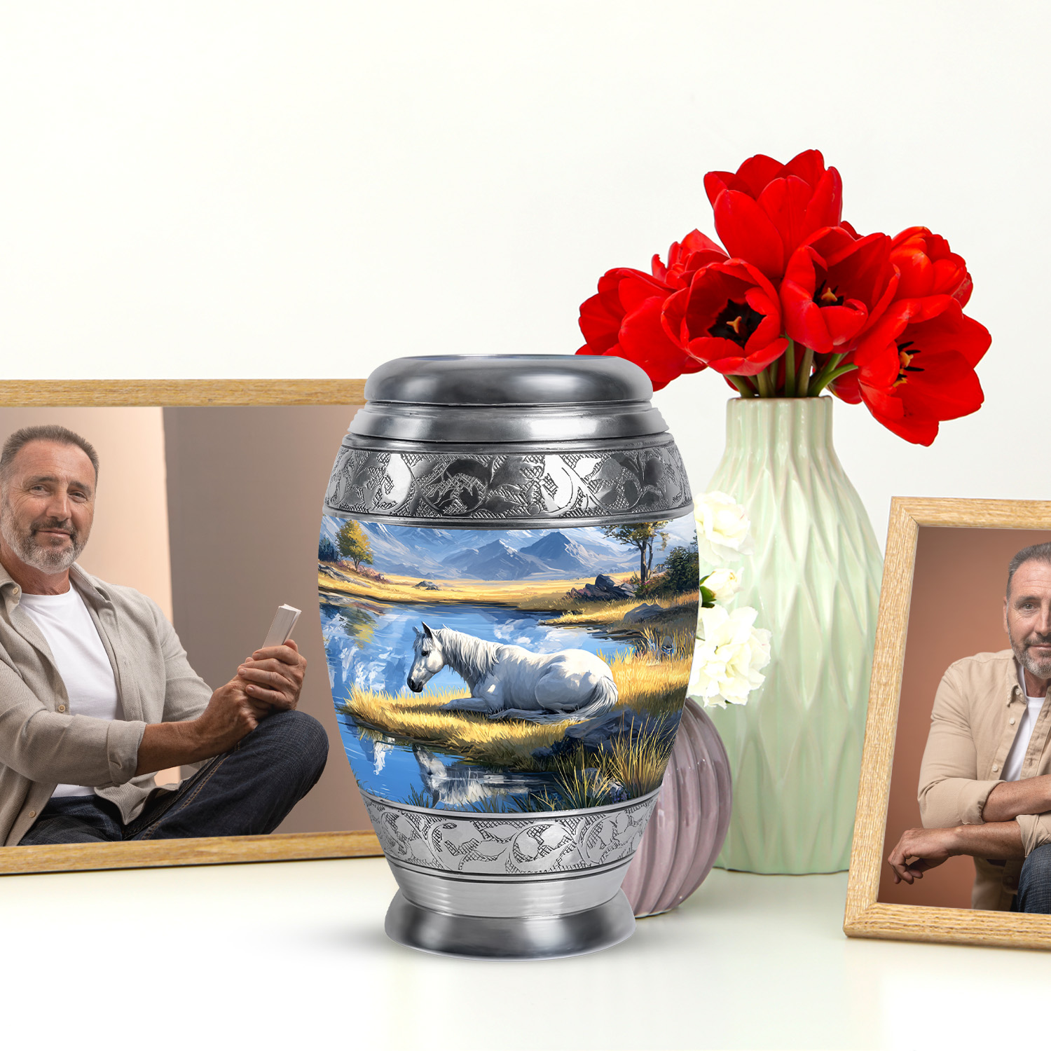 JAGASY Horse Memorial Urn for Ashes Adult Male, Blue Keepsake Small Urns for Human Ashes, Mountain Trees Decorative Urns for Daughter, White Horse Mini Cremation Urn for Son, (3 Inch)