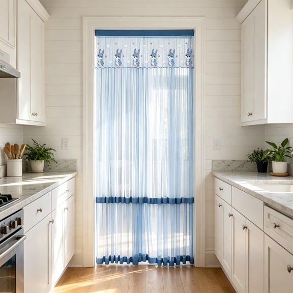 Rabbits Patterns Lace Door Curtain And Insect-proof Mesh Screen And Hanging Curtain For Kitchen Partitions Or Bedroom Summer Decor,Blue