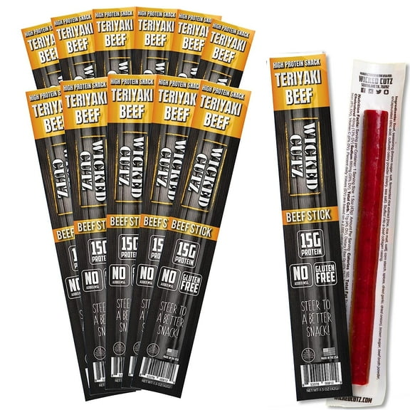 Wicked Cutz Premium Beef Jerky Sticks, High Quality, Protein-Rich, Teriyaki, 1.5 oz, 12-Pack