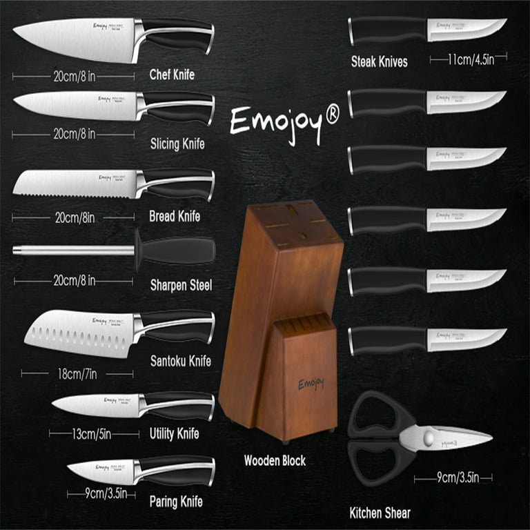 Emojoy KC-KS01 Silver Brown 15 Pieces Knife Set With Wooden Knife Block
