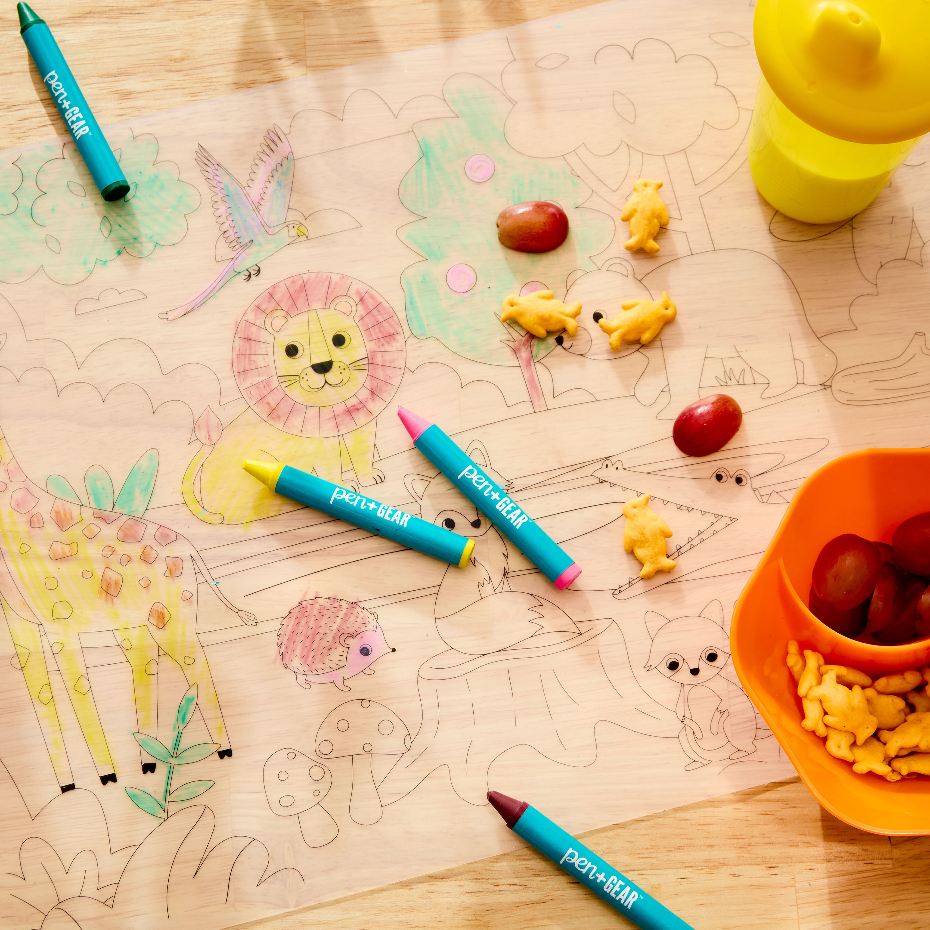 Pen+Gear Washable Jungle Coloring Placemat Kit with 4 Crayons, Black and White