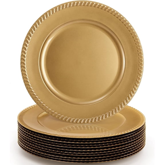 12 Pack Plastic Gold Charger Plates, 13 Inch Reusable Round Beaded Charger Plates, Decorative Dinner Chargers Bulk Serving Plate for Wedding, Party, Catering Event, Tabletop Decor