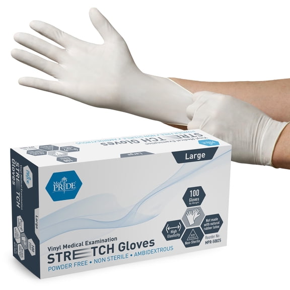 MED PRIDE White Disposable Medical Gloves, Ultra-Stretchy Vinyl, Latex and Powder-Free, Ambidextrous Non-Sterile Safety Gloves Large 100 White