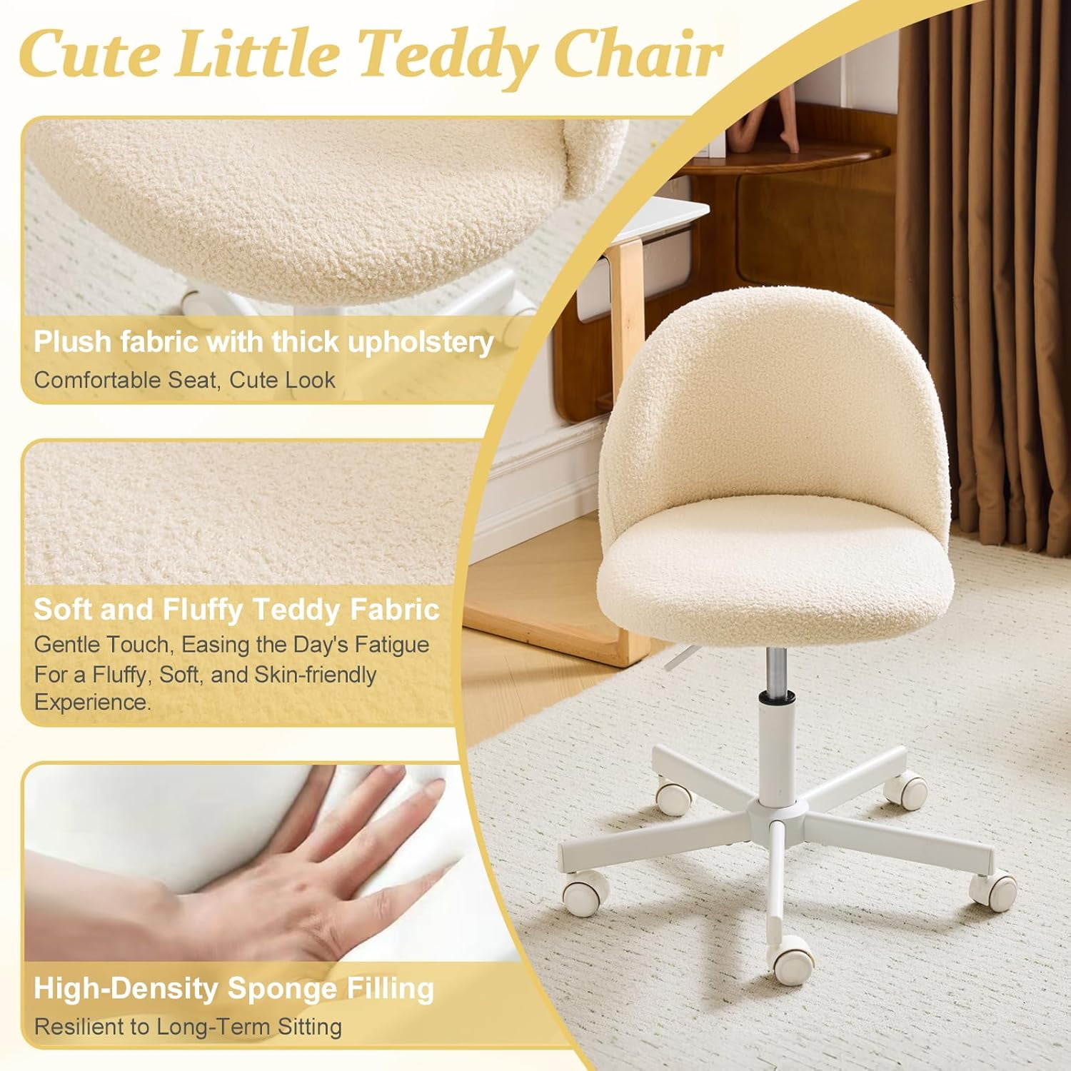 Matladin Modern Vanity Chair with Back, Silent Wheels, Velvet Desk Chair for Girls, Small Office Chair, Stylish and Comfortable