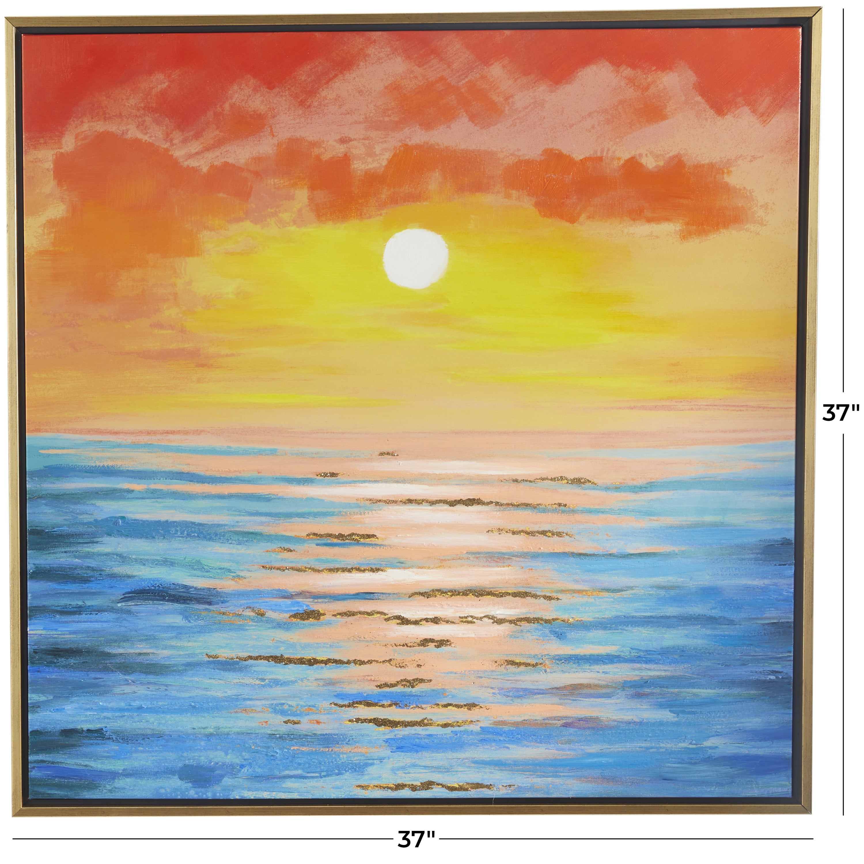 37" x 37" Ocean Sunset Landscape Framed Wall Art with Gold Frame, by DecMode