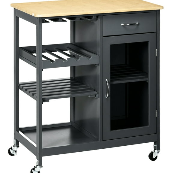 Rolling Bar Desk With Storage - Gray. 4 Wine Rack, Stemware Holder, Drawer, Cabinet & Shelves. . 30" W X 19" D 34.75" H Buffet