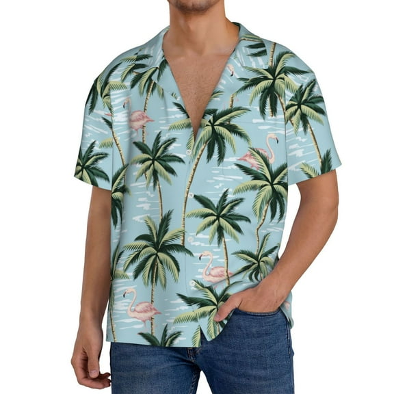 Balery Flamingos And Palms Men's Casual Button Down Shirt Short Sleeve Textured Summer Cuban Beach Shirts-Medium