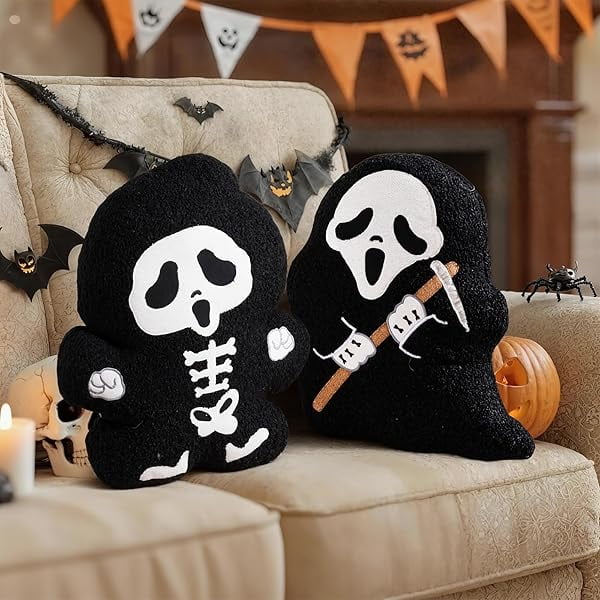 wonima44 2 Pcs Halloween Ghost Throw Pillow, Happy Fun Cute Plush Scream Ghostface Pillow Decorative Soft Plush Cushion for Gift Party Home Sofa Couch Bed Indoor Halloween Decor (Black, 13 x 16 inch)