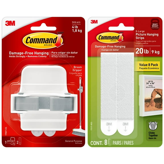 Command Broom and Mop Grippers Wall Hook Bundled With Command 20 Lb XL Heavyweight Picture Hanging Strips, 8 Pairs - Hang Dorm Decorations Damage-Free