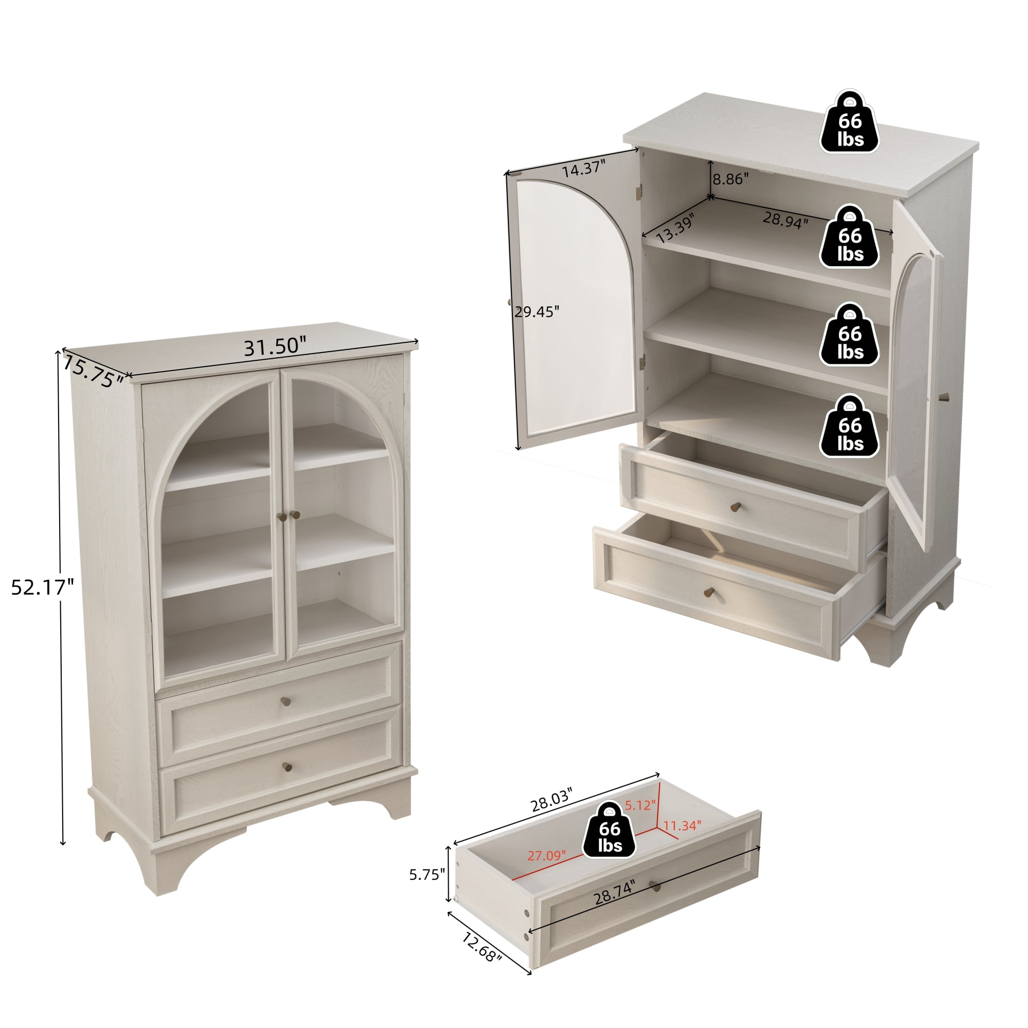 52.17"H Storage Cabinet with 2 Drawers and Adjustable Shelf,Modern Glass Door Curio Cabinet for Living Room,Bedroom,Kitchen,Office,White