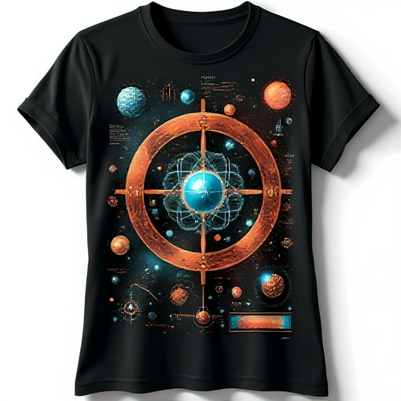 Inspired Black T-Shirt with Golden Symbol & Vibrant Orbs Design