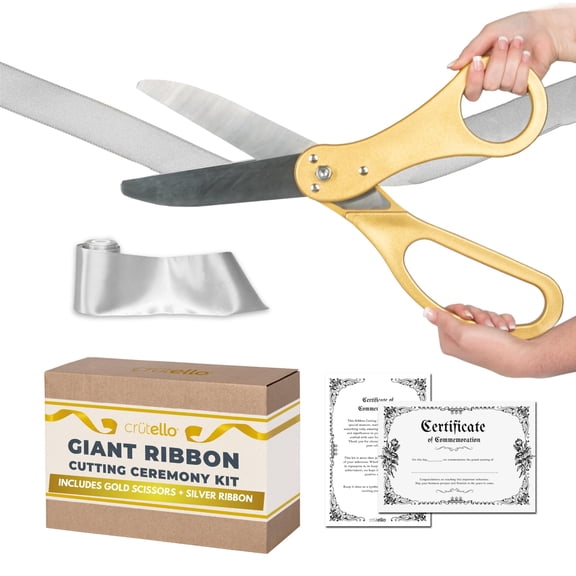 Crutello Ribbon Cutting Ceremony Kit 20" Giant Scissor Ribbons For Crafts, Sharp, Gold Handled Durable XL Giant Scissors, and 30 Feet of Oversized 4" Wide White Ribbon