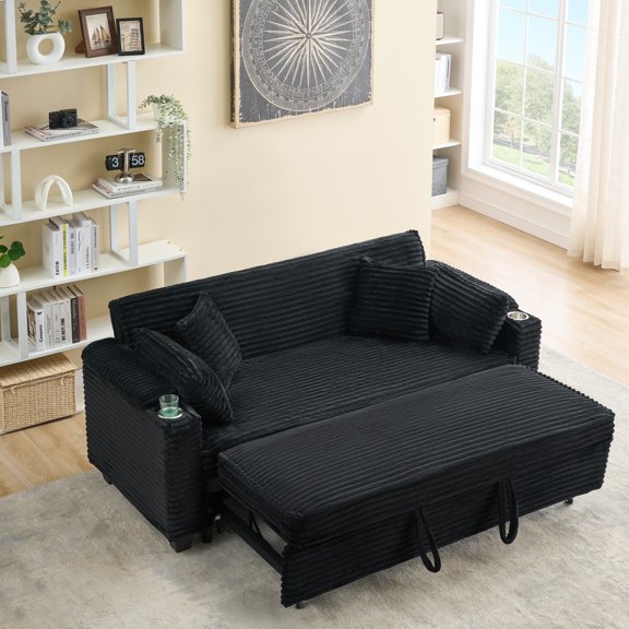 80" Pull Out Sofa Bed, 2 in 1 Convertible Sleeper Sofa with Cup Holder, Corduroy Loveseat Bed Sofabed for Apartment, Living Room, Office, Black
