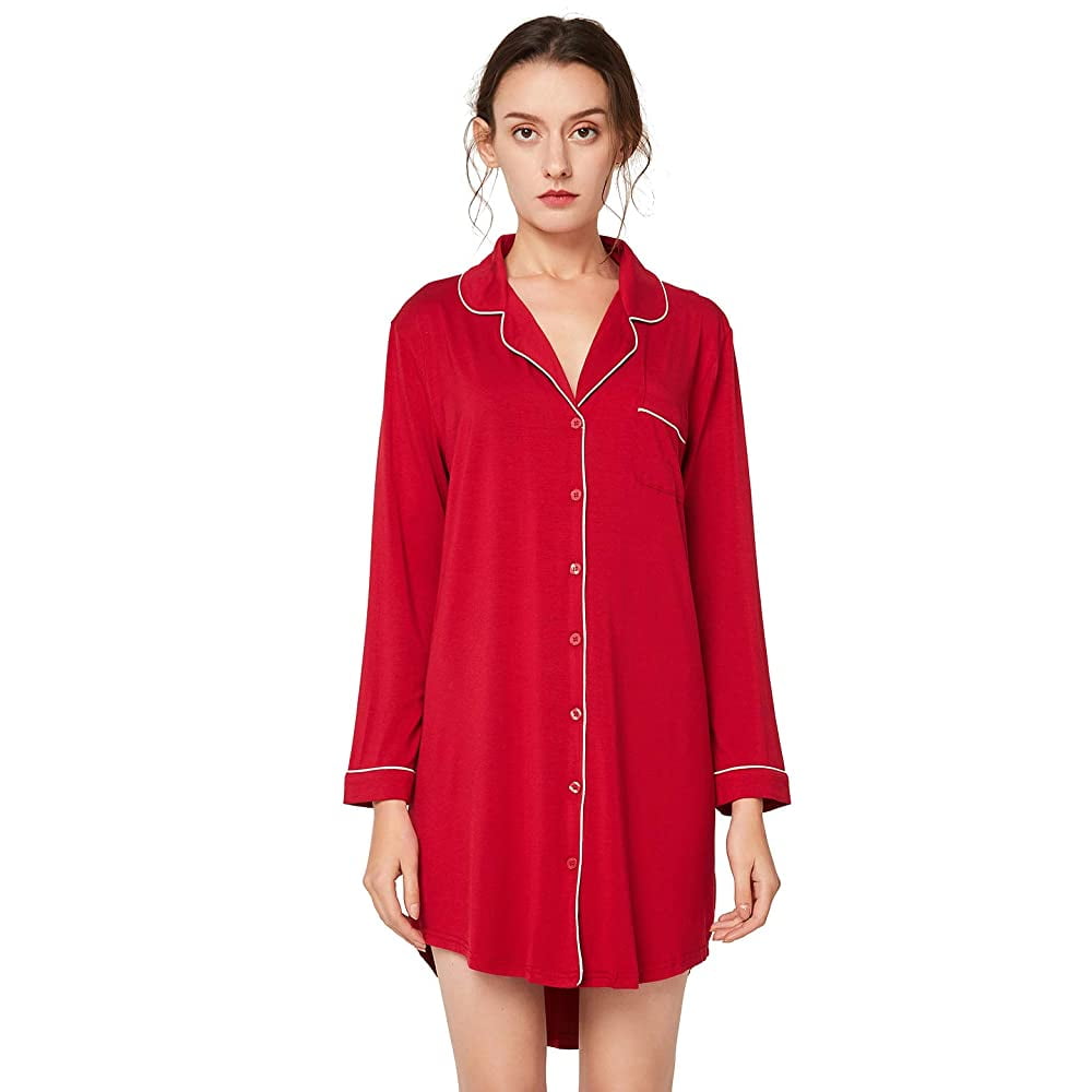 Female Button Front Sleepshirt Long Sleeve Nightgown Nightshirt Silk Sleep Shirt Soft Pajama