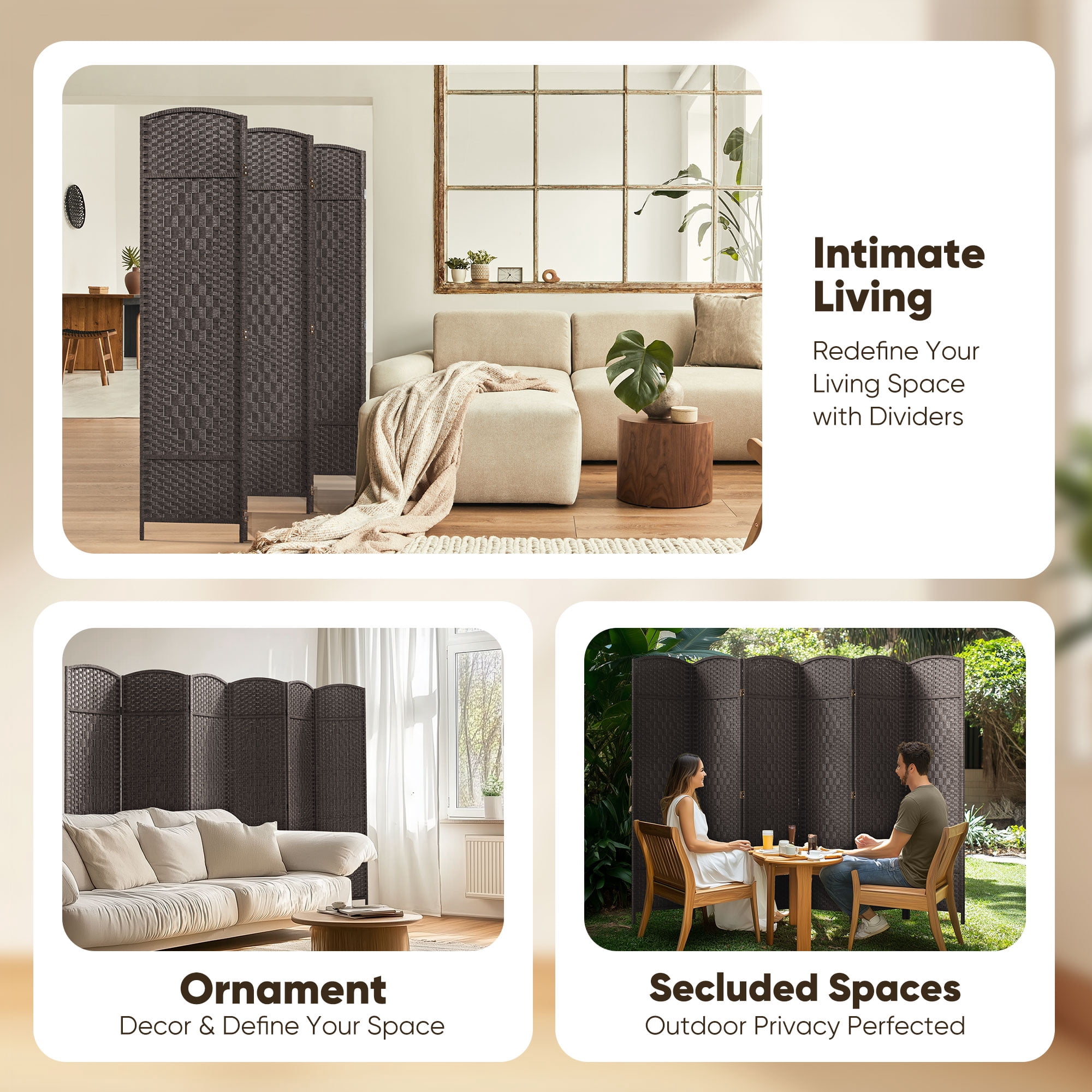 JOSTYLE Room Divider 6ft. Tall Extra Wide Extra Wide Privacy Screen, Folding Privacy Screens with Diamond Double-Weave Room dividers and Freestanding Room Dividers Privacy Screens (Espresso, 6-Panel)