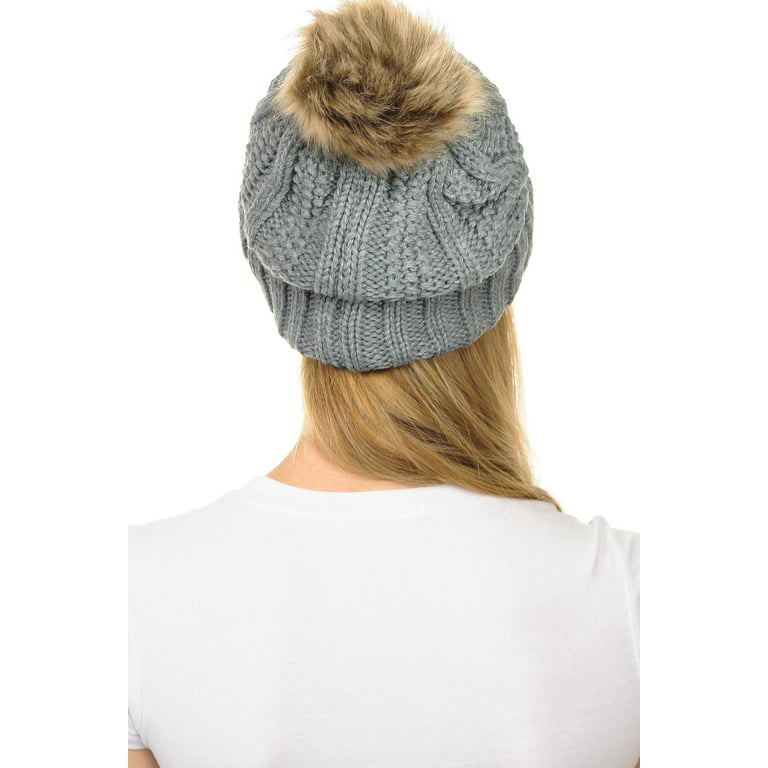 Fur Lining Hats With Pom Pom Beanie Women's Big Girls Cable Design Hats  (Light Gray)