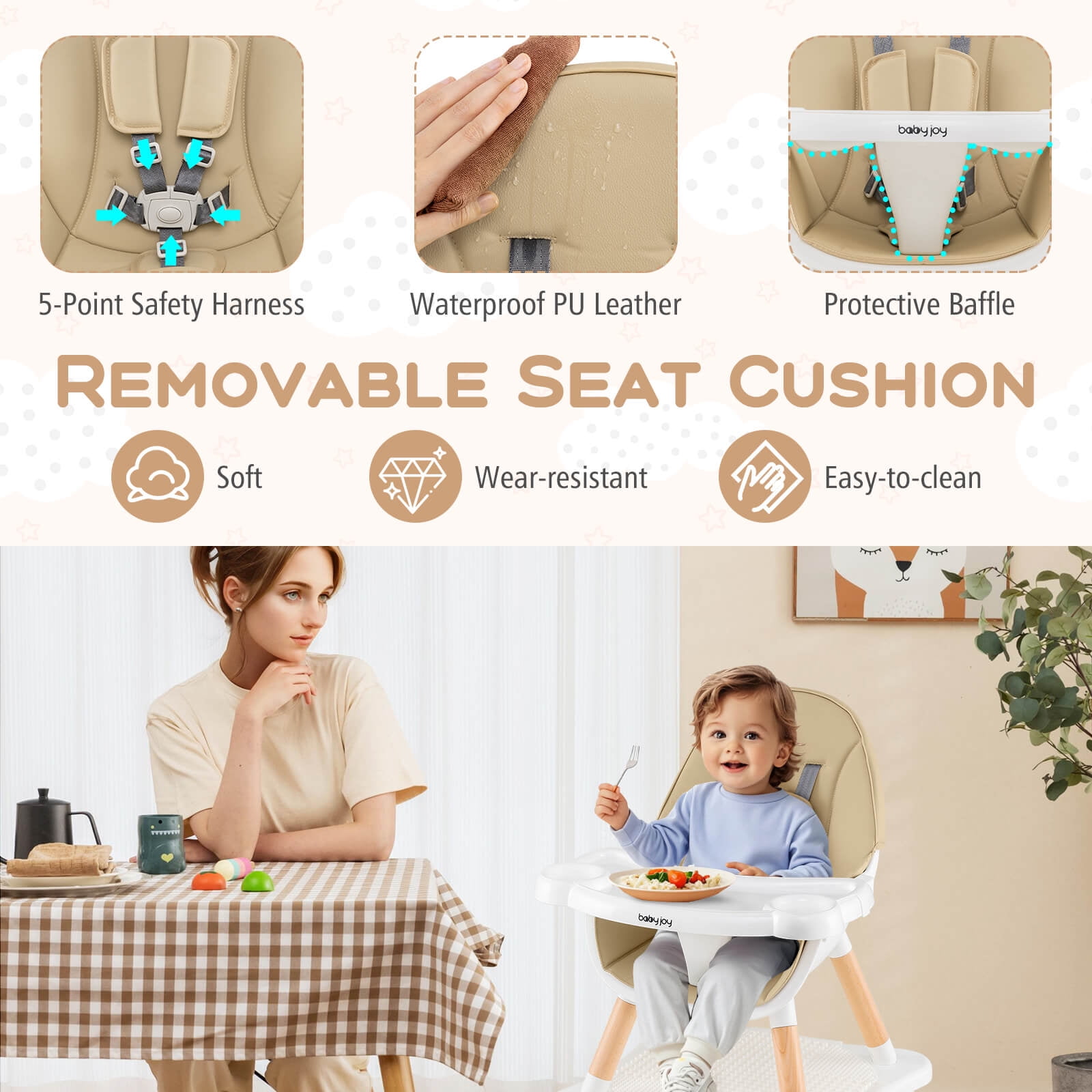 Costway 6-in-1 High Chair for Babies & Toddlers with Building Block Table Beige