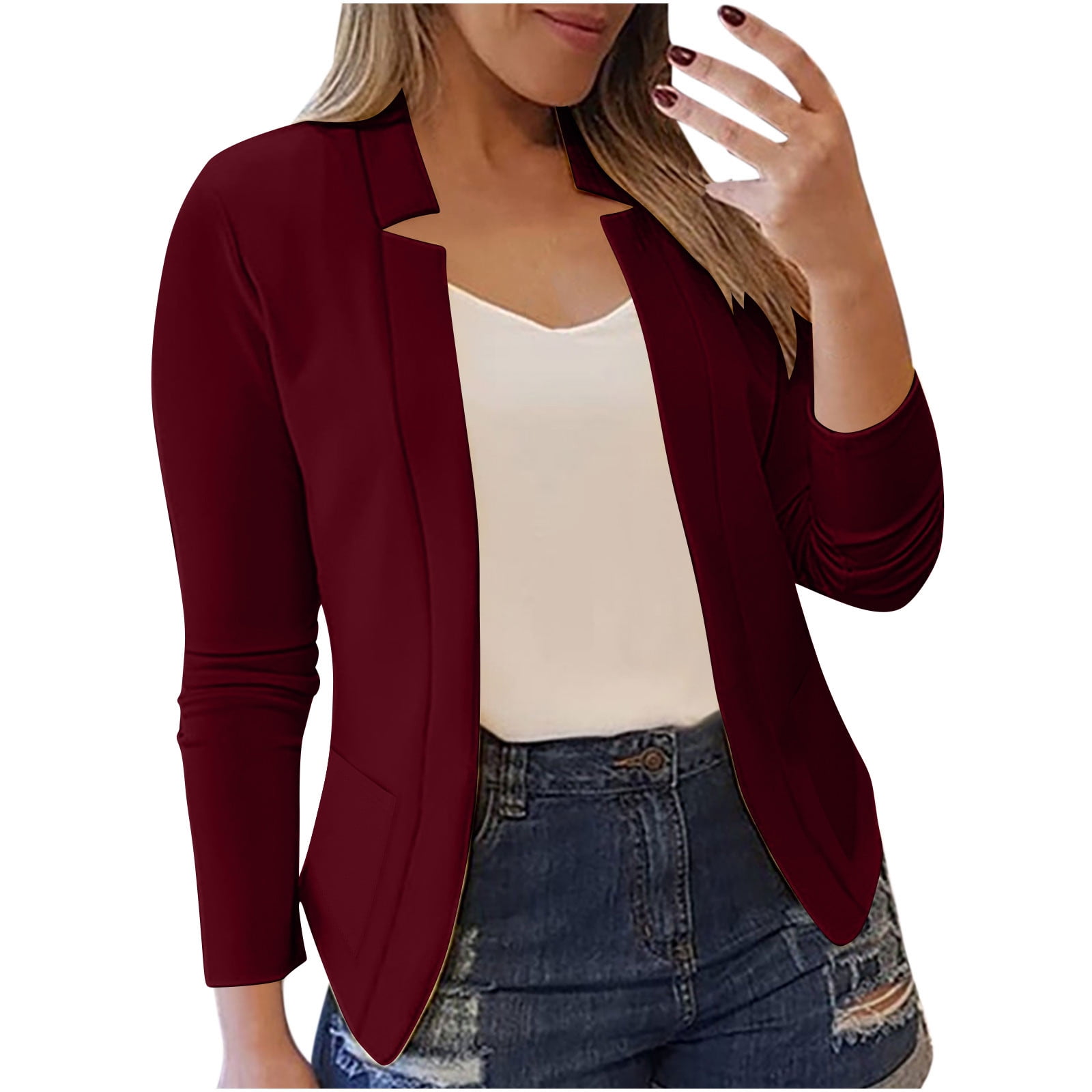 KOJOOIN Blazer Femme Casual Open Front Cardigan Manches Longues Blazer Cardigan Blazer De Travail Décontracté Blazer De Bureau Veste De Costume Blazer à Volants, Beige, M