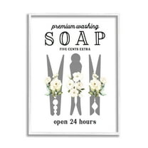 Stupell Industries Floral Clothespin Silhouette Vintage Script Soap Signage Graphic Art White Framed Art Print Wall Art, Design by Lettered and Lined