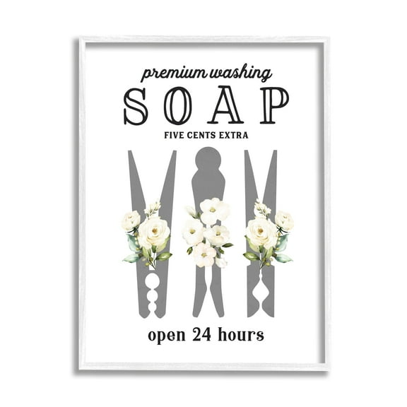 Stupell Industries Floral Clothespin Silhouette Vintage Script Soap Signage Graphic Art White Framed Art Print Wall Art, Design by Lettered and Lined
