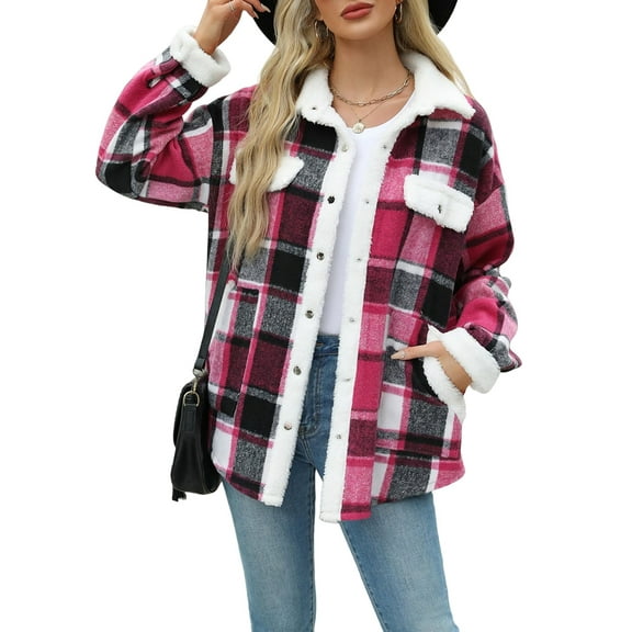 Womens Fall Fashion Flannel Shackets Plaid Button Down Jacket Casual Long Sleeve Fleece Shirt with Pockets Red XL