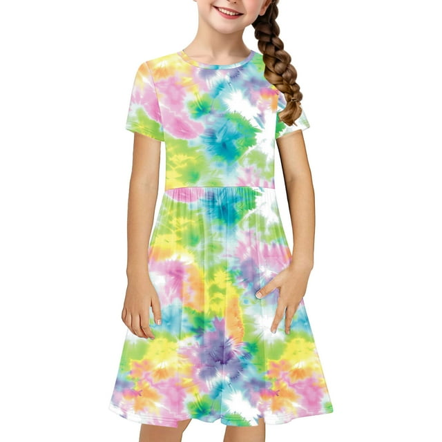 WRKEKC Robe Florale pour Filles, Robe Décontractée d'Été pour Filles, Enfants en Bas Âge Filles Mignonne Dégradé Imprimé Manches Courtes Robe Extensible Ligne A 7 Ans