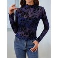 thumbnail image 6 of Womens Lace Mesh Long Sleeve Top Floral Sheer See Through Tops Mock Neck Shirts Party Club Night Blouses Navy Blue M, 6 of 7