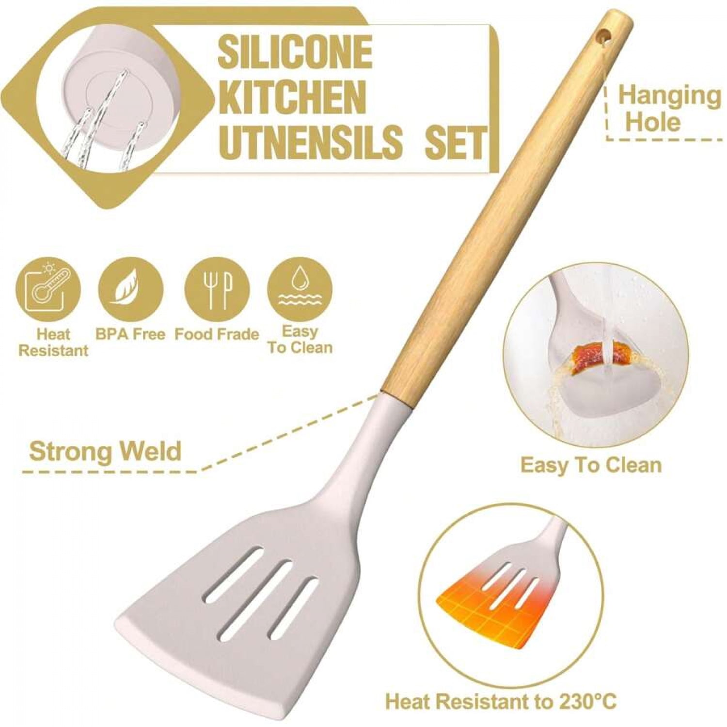 NTGFU Khaki Kitchen Utensils Set- 34PCS Silicone Cooking Utensils with Holder, for Nonstick Cookware,Perfect for Thanksgiving,Mother's Day Cooking and Gifting