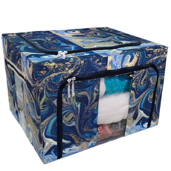 PKQWTM Blue And Gold Liquid Texture Storage Bag Clear Window Storage Bins Boxes Large Capacity Foldable Stackable Organizer With Steel Metal Frame For Bedding,Clothes,Closets, Bedrooms