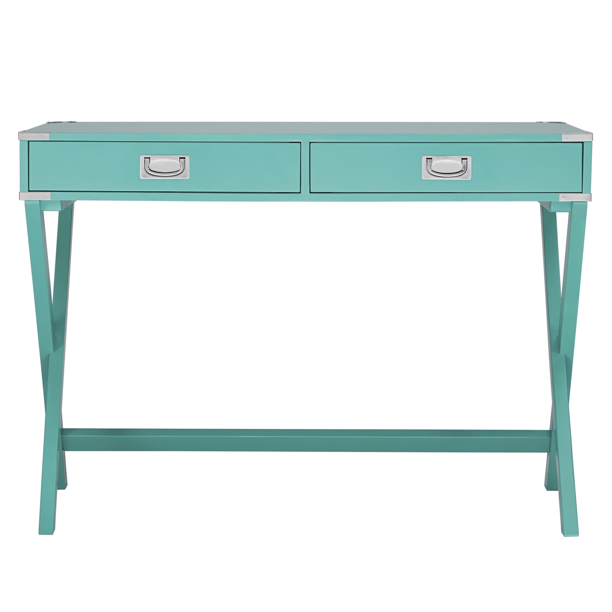Weston Home Wood X-Base Campaign Writing Desk with Drawers, Marine Green