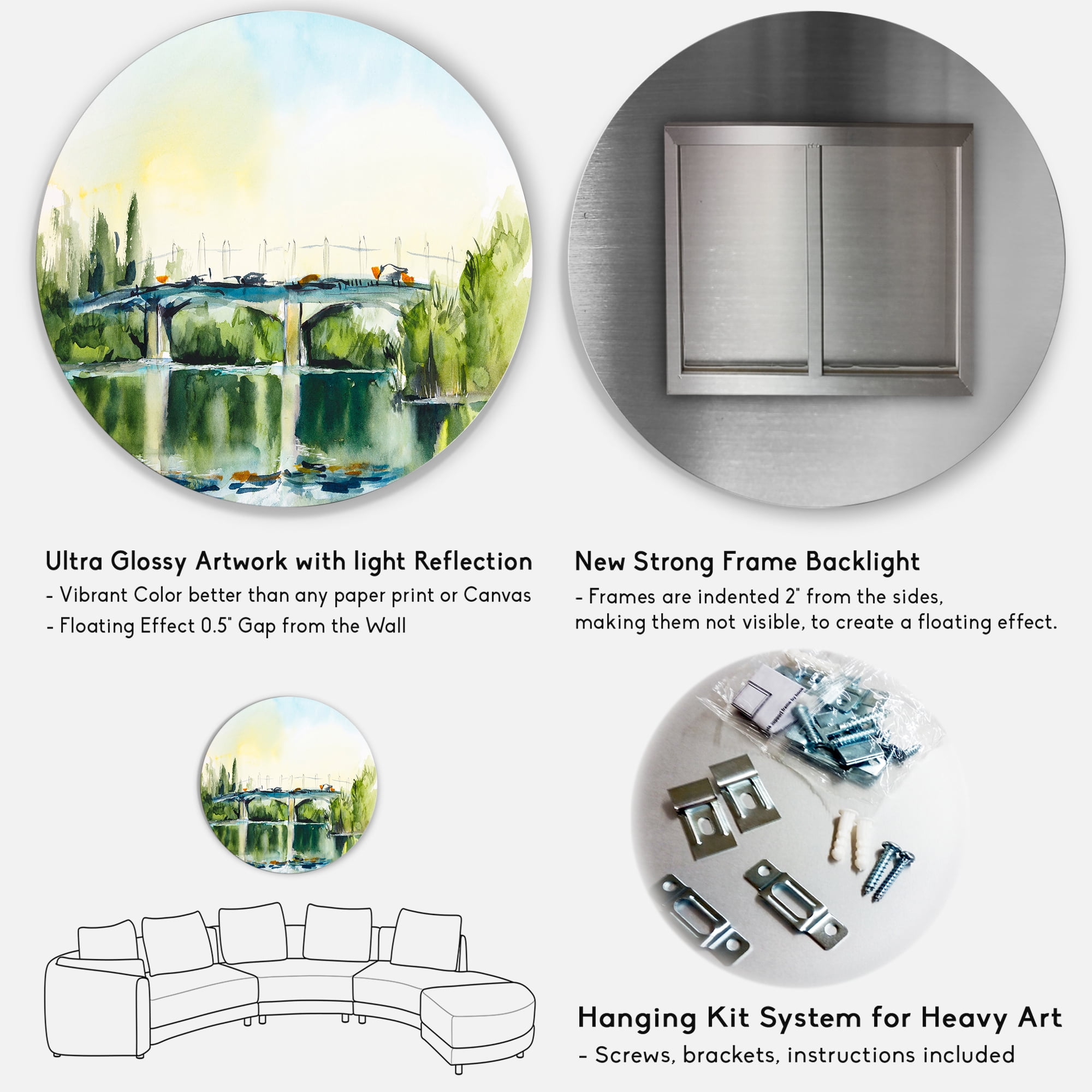 Designart 'Landscape With Old Bridge Over River In The Countryside' Traditional Circle Metal Wall Art 29x29 - Disc of 29