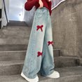 thumbnail image 2 of ZACPNCV Teen Youth Casual Wide Leg Jean Pants for Girls Put On Denim Pants Bow Embroidery Trouser Girl Clothing Blue 15-16 Years, 2 of 9