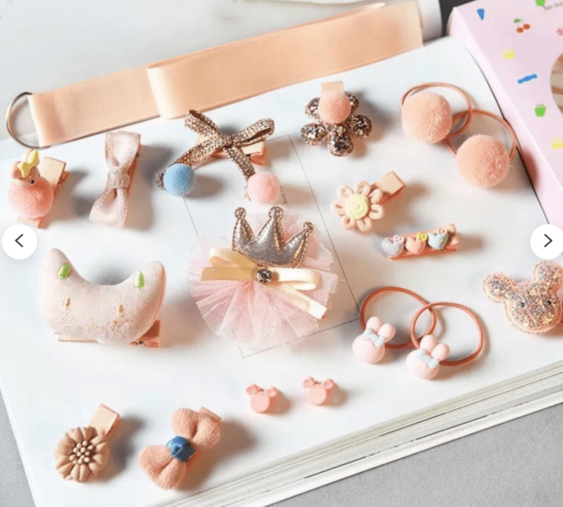 set of 18 Headwear hair clips accessories Baby Girl Toddler Newborn knot bows crown barrettes elastic Band Denim Grey pink & peach