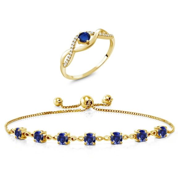 Gem Stone King 3.01 Ct Blue Created Sapphire 18K Yellow Gold Plated Silver Ring and Bracelet Jewelry Set (Size 9)
