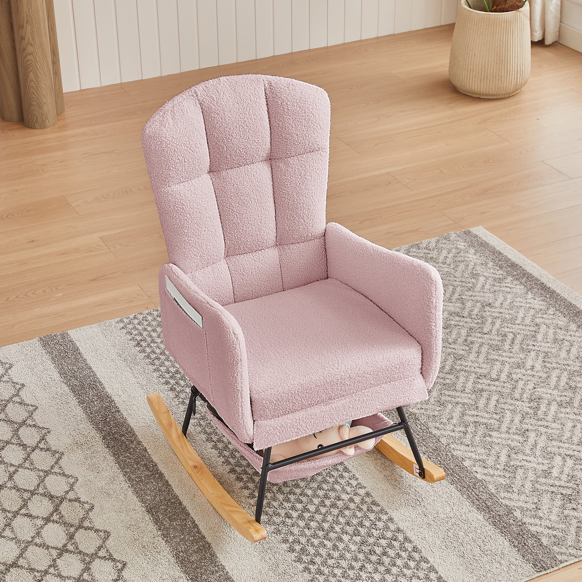 Leumius Teddy Rocking Accent Chair,High Backrest Upholstered Armchair Reading Chair for Reading,Bedroom,Living Room,Pink