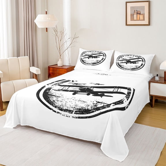 jejeloiu Retro Airplane Twin Sheet Sets,Vintage Aircraft Theme Bedding For Boys Kids 3pcs