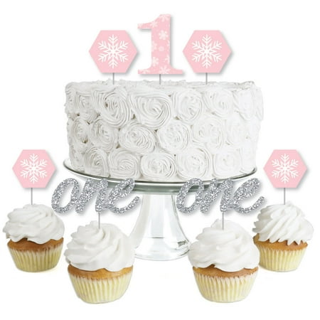 - Pink ONEderland- Dessert Cupcake Toppers - Holiday Snowflake Winter Wonderland Birthday Party Clear Treat Picks - 24 Ct