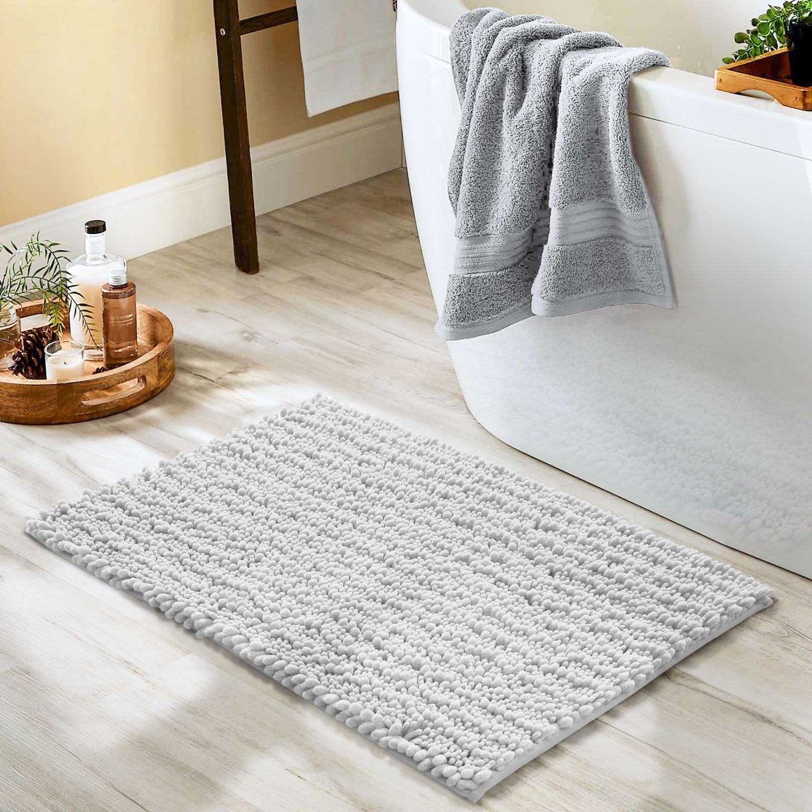 Color&Geometry White Chenille Bathroom Rugs- Non Slip, Absorbent, Quick  Dry, Thin, Machine Washable- 16x24 Small Bath Mat Carpet Bath Rugs for