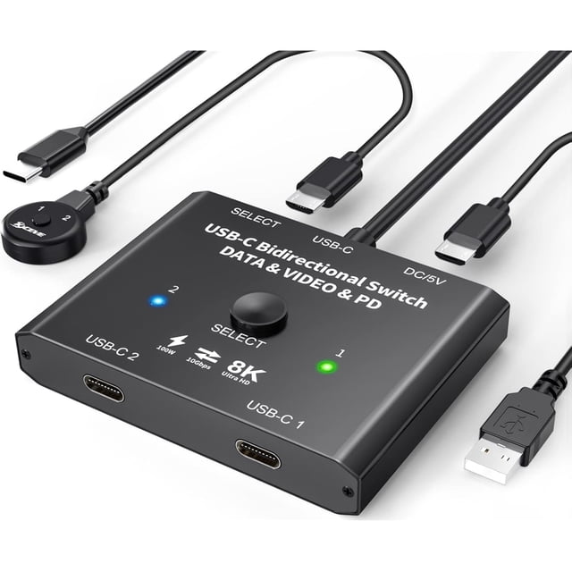 USB C Switch, Conmutador USB C Bidireccional 2 Computadoras, USB C Switch 2 en 1 Salida, USB Tipo C KVM Switch 8K@30Hz 4K@120Hz Video/transferencia de Datos 10Gbps/carga PD100W, No Compatible con Est