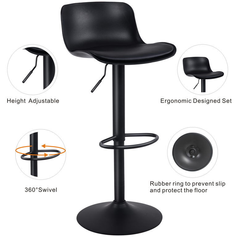 Kidol Shellder Bar stools Counter Height Barstools Set of 2 with Chair Cushions Black Kitchen Swivel Adjustable with Back Modern Ergonomic Plastic