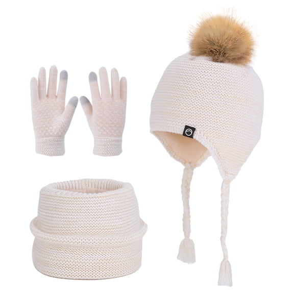 Beige 4-10 Years Old Boys And Girls Winter Outdoor Plus Velvet Warm Childrens Ear Protection Knitted Wool Cap Neck Glove Three-Piece Set