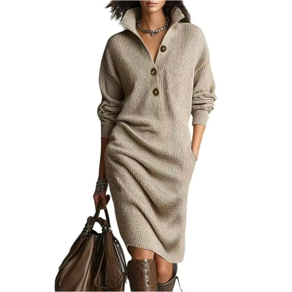 Womens Sweater Dress V Neck Mini Bodycon Fall Dresses Button Down Solid Color Knitted Long Dress Winter Clothes Khaki